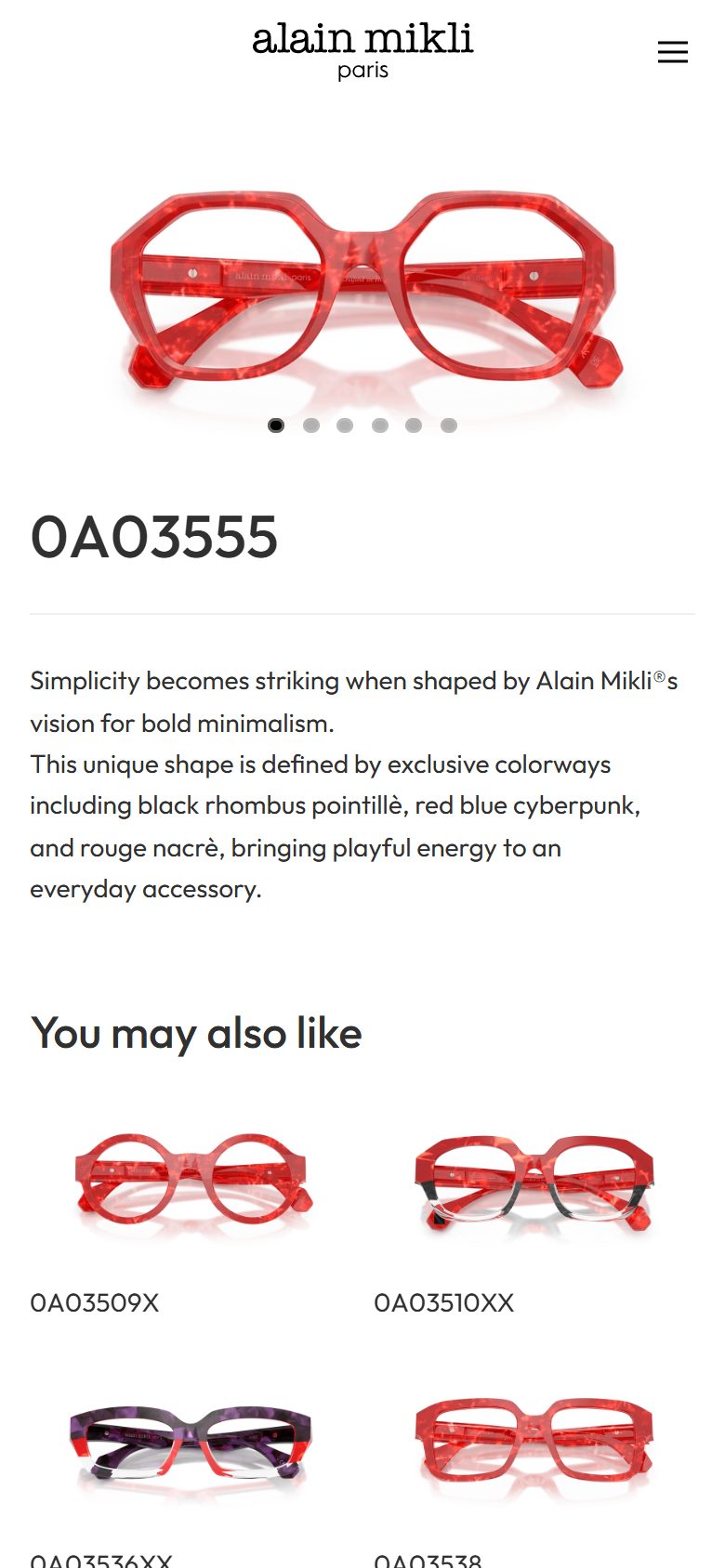 Alain Mikli product page on mobile, Shopify luxury eyewear storefront captured at 390 x 844