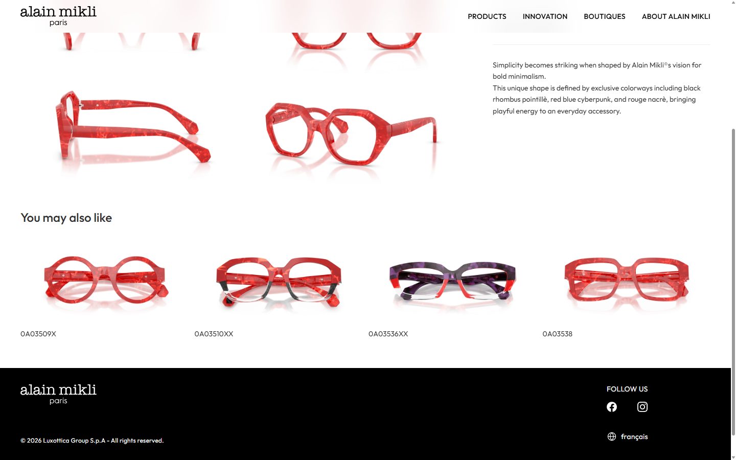 Alain Mikli product page on desktop, Shopify luxury eyewear storefront captured at 1440 x 900