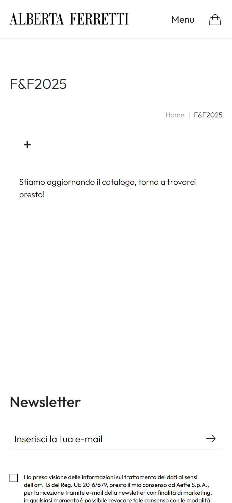 Alberta Ferretti collection: f&f2025 on mobile, Shopify luxury fashion storefront captured at 390 x 844