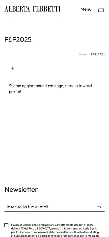 Alberta Ferretti collection: f&f2025 on mobile, Shopify luxury fashion storefront captured at 390 x 844