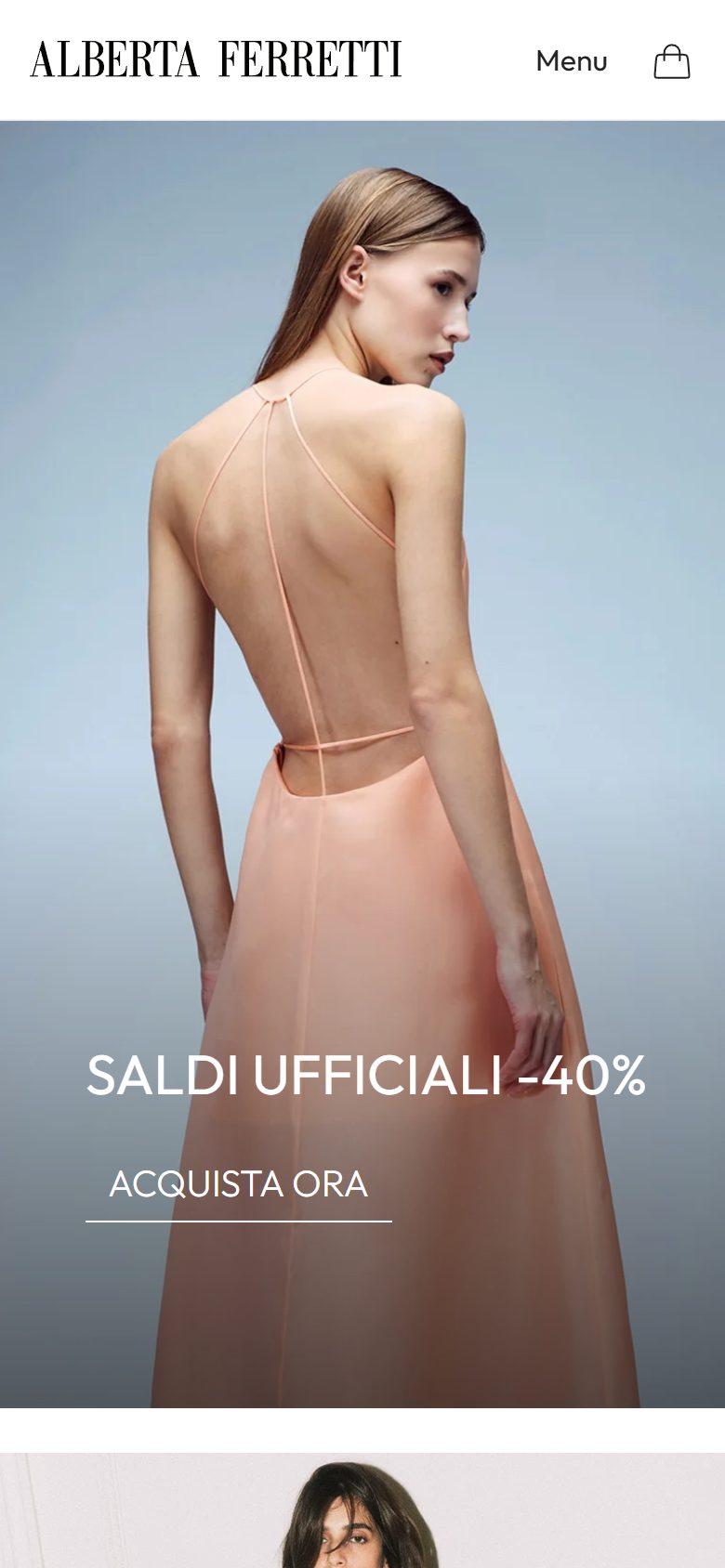 Alberta Ferretti homepage on mobile, Shopify luxury fashion storefront captured at 390 x 844