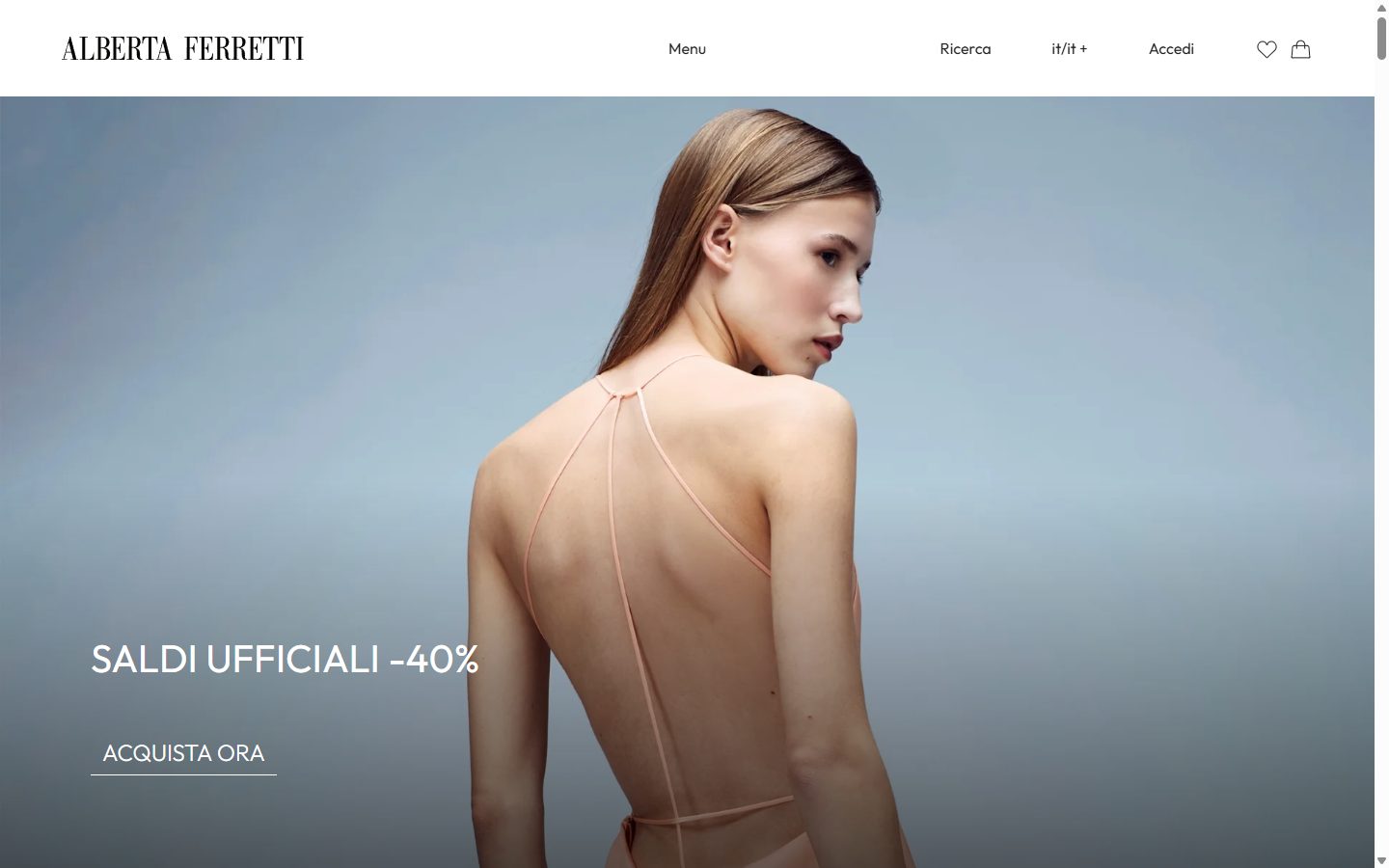 Alberta Ferretti homepage on desktop, Shopify luxury fashion storefront captured at 1440 x 900