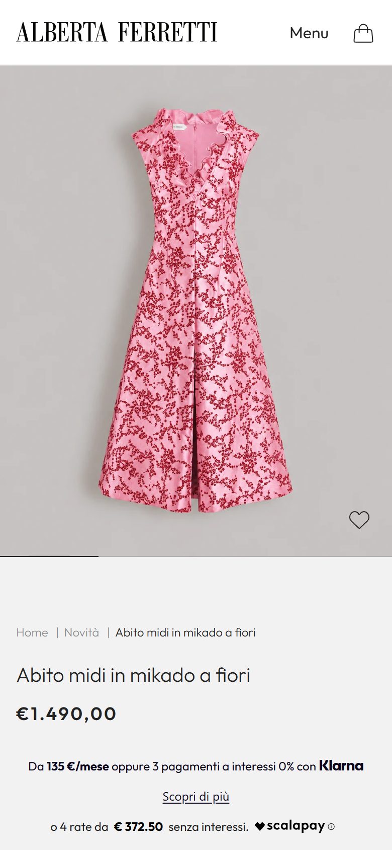Alberta Ferretti product page on mobile, Shopify luxury fashion storefront captured at 390 x 844