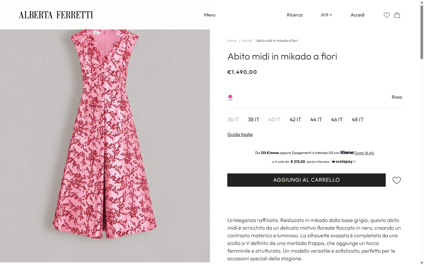 Alberta Ferretti product page on desktop, Shopify luxury fashion storefront captured at 1440 x 900