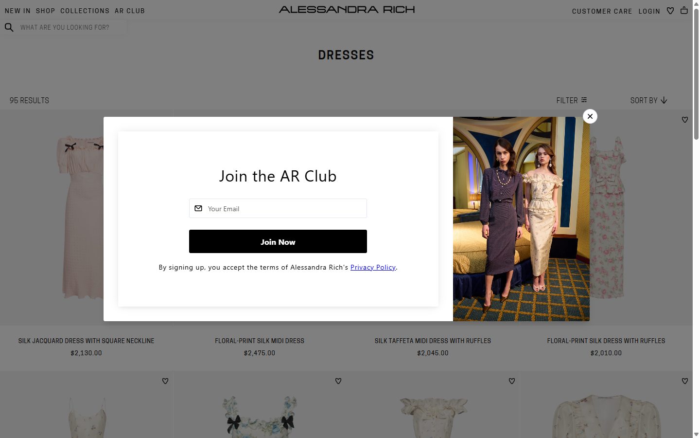 Alessandra Rich collection: dresses on desktop, Shopify luxury fashion storefront captured at 1440 x 900