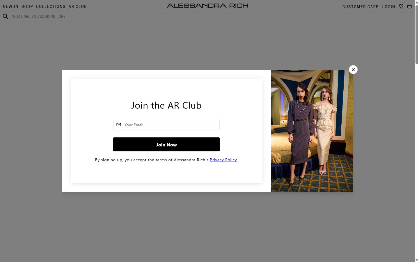 Alessandra Rich homepage on desktop, Shopify luxury fashion storefront captured at 1440 x 900