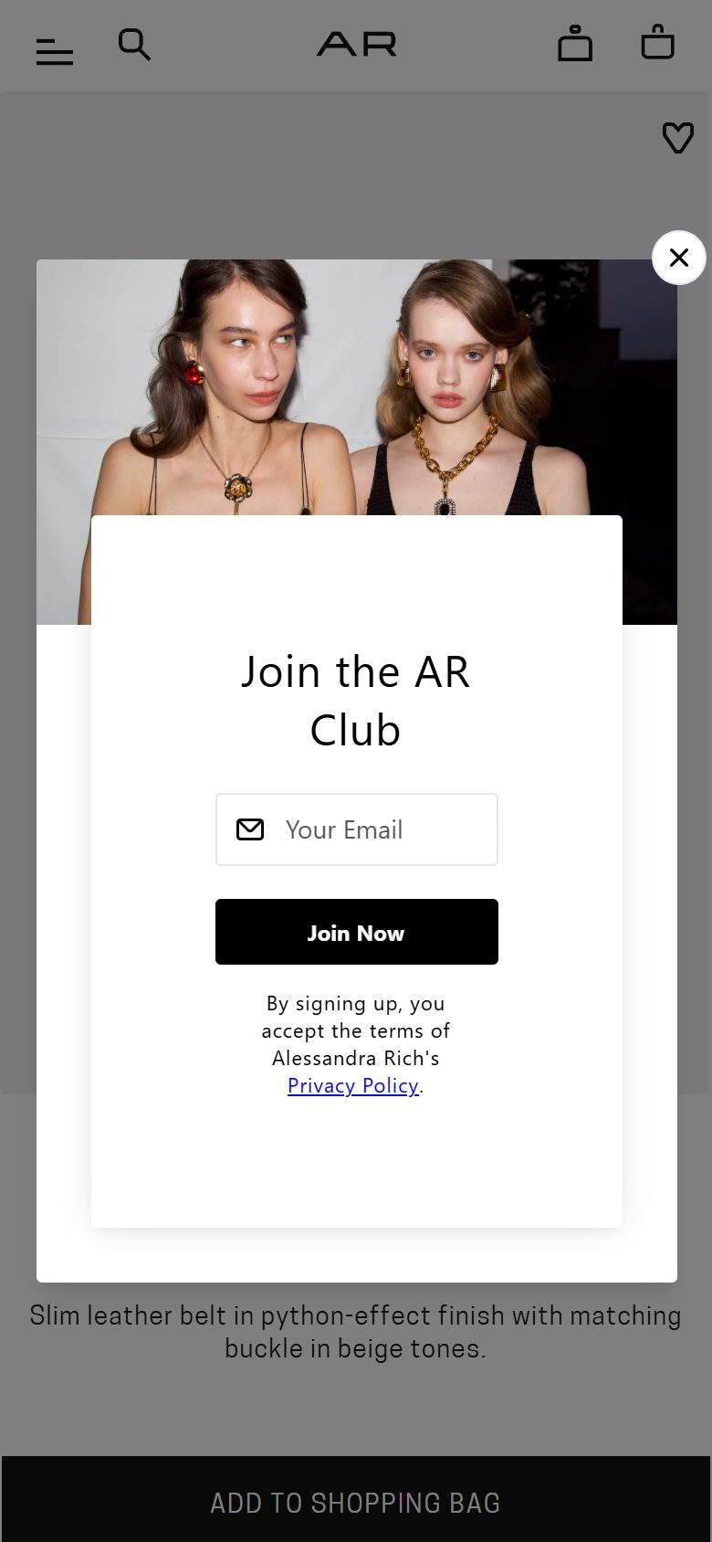 Alessandra Rich product page on mobile, Shopify luxury fashion storefront captured at 390 x 844
