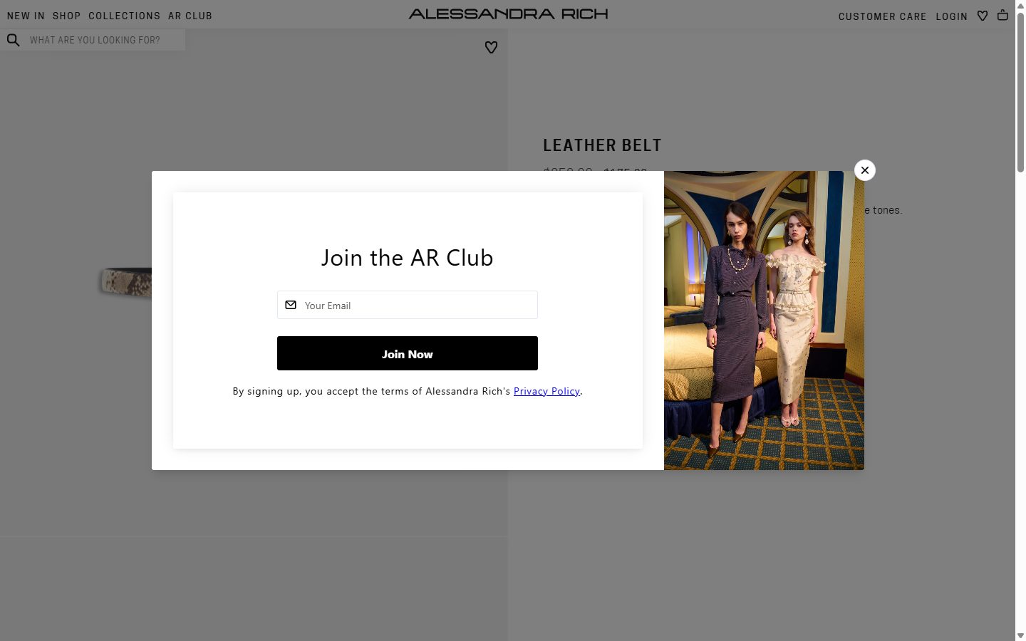 Alessandra Rich product page on desktop, Shopify luxury fashion storefront captured at 1440 x 900