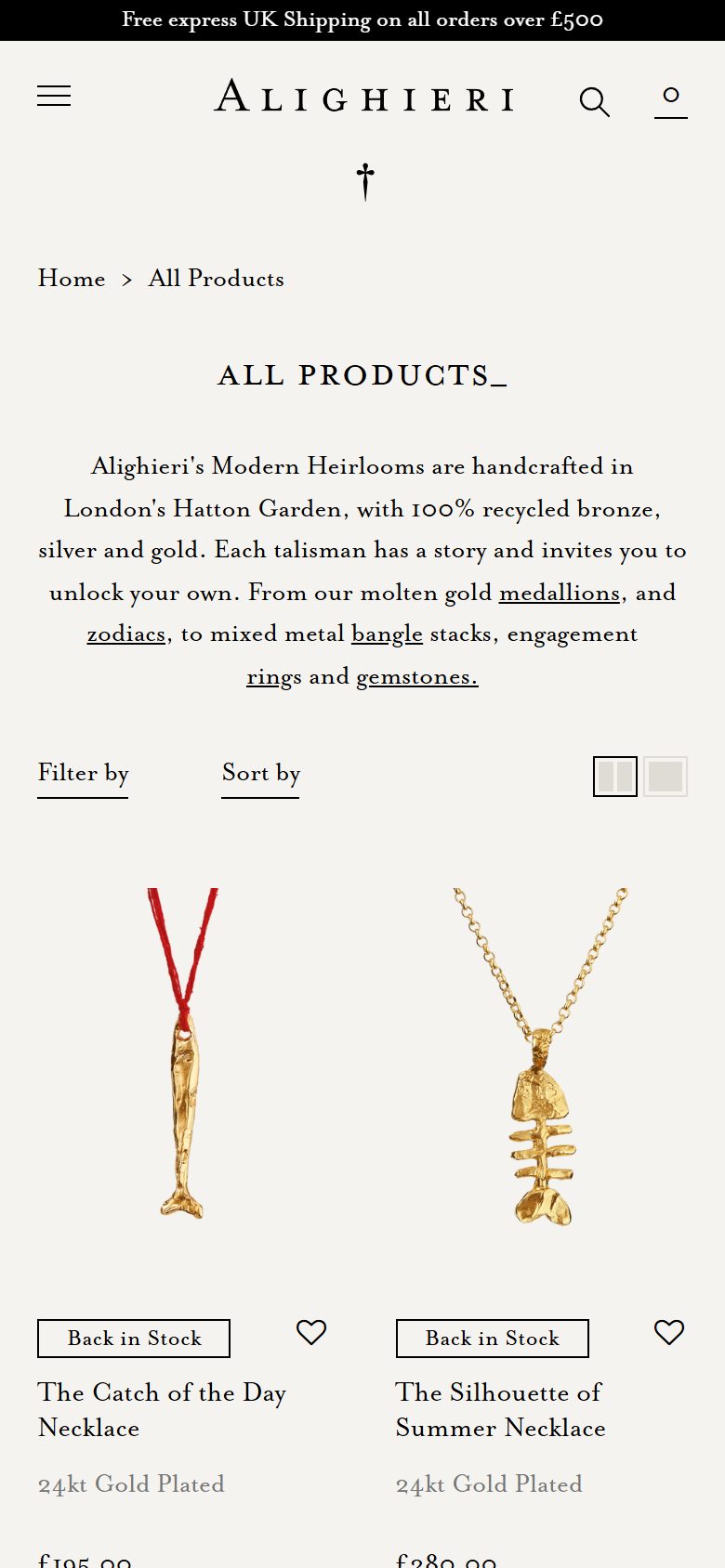 Alighieri collection: all products on mobile, Shopify luxury jewelry storefront captured at 390 x 844