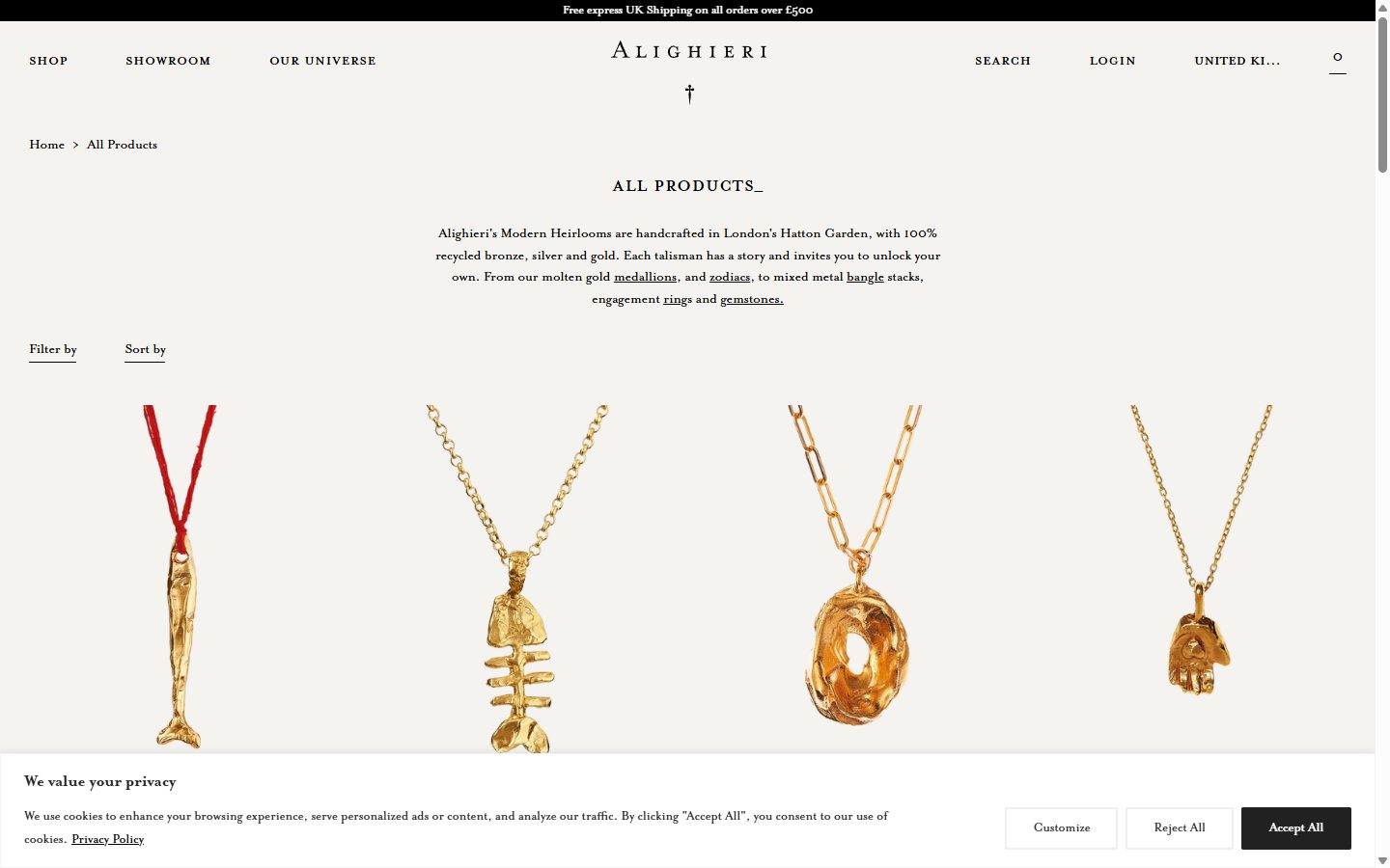 Alighieri collection: all products on desktop, Shopify luxury jewelry storefront captured at 1440 x 900