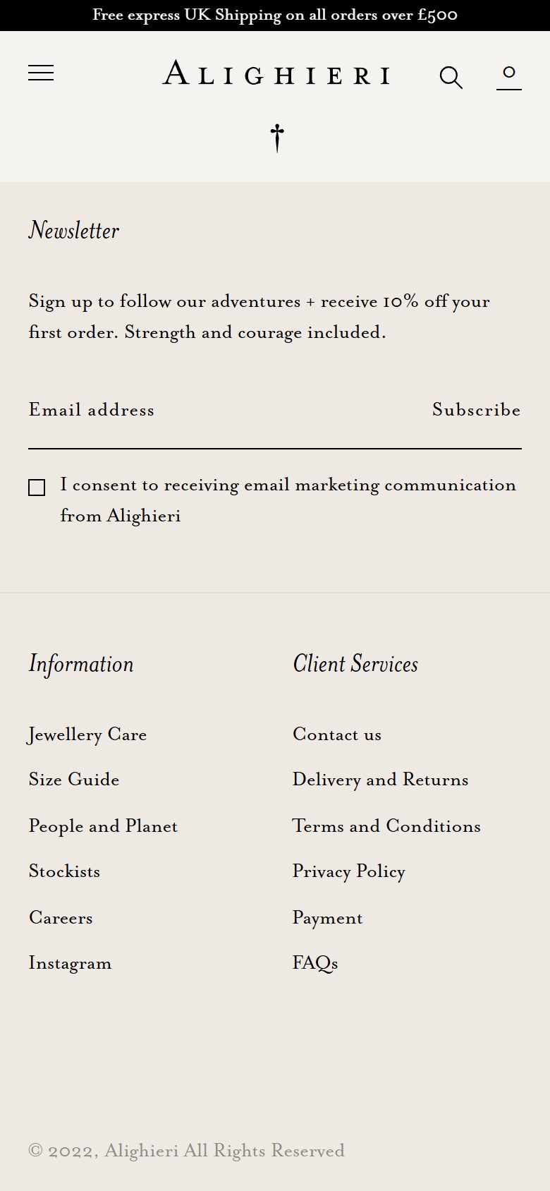 Alighieri homepage on mobile, Shopify luxury jewelry storefront captured at 390 x 844