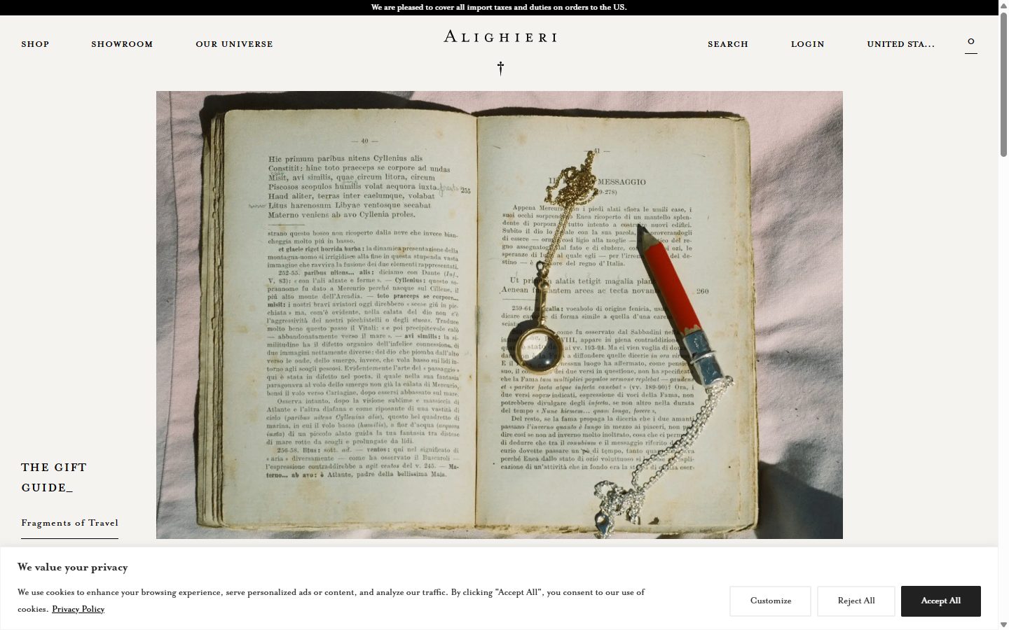 Alighieri homepage on desktop, Shopify luxury jewelry storefront captured at 1440 x 900