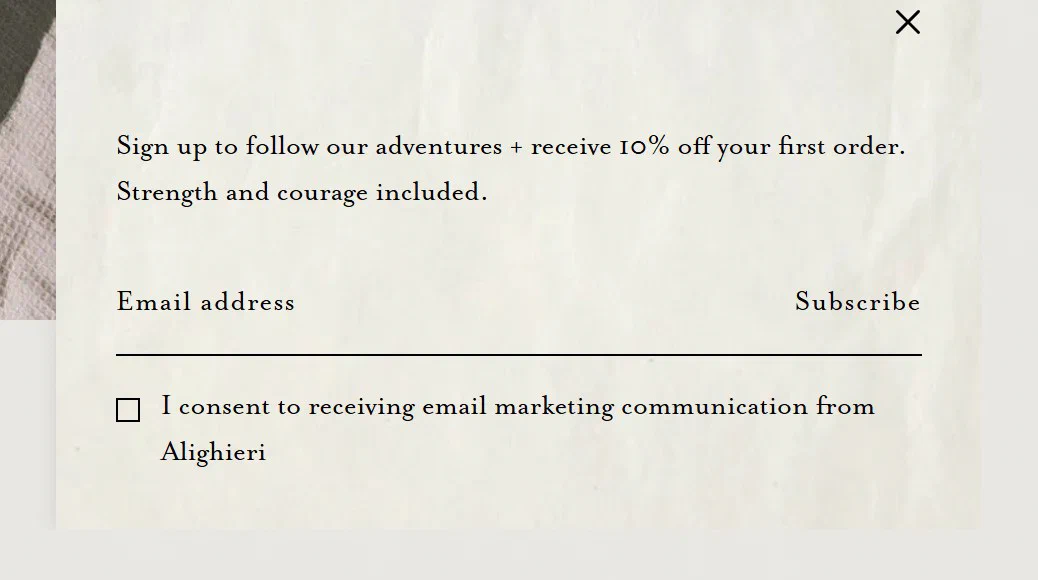 Alighieri email sign up popup, lower right, offering 10% off