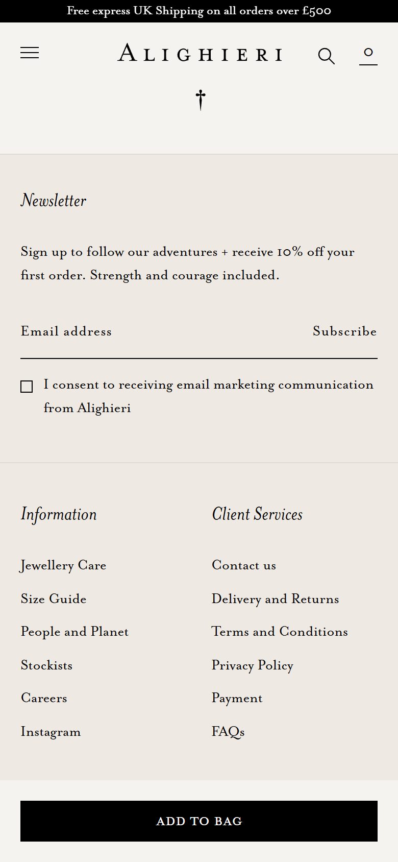 Alighieri product page on mobile, Shopify luxury jewelry storefront captured at 390 x 844