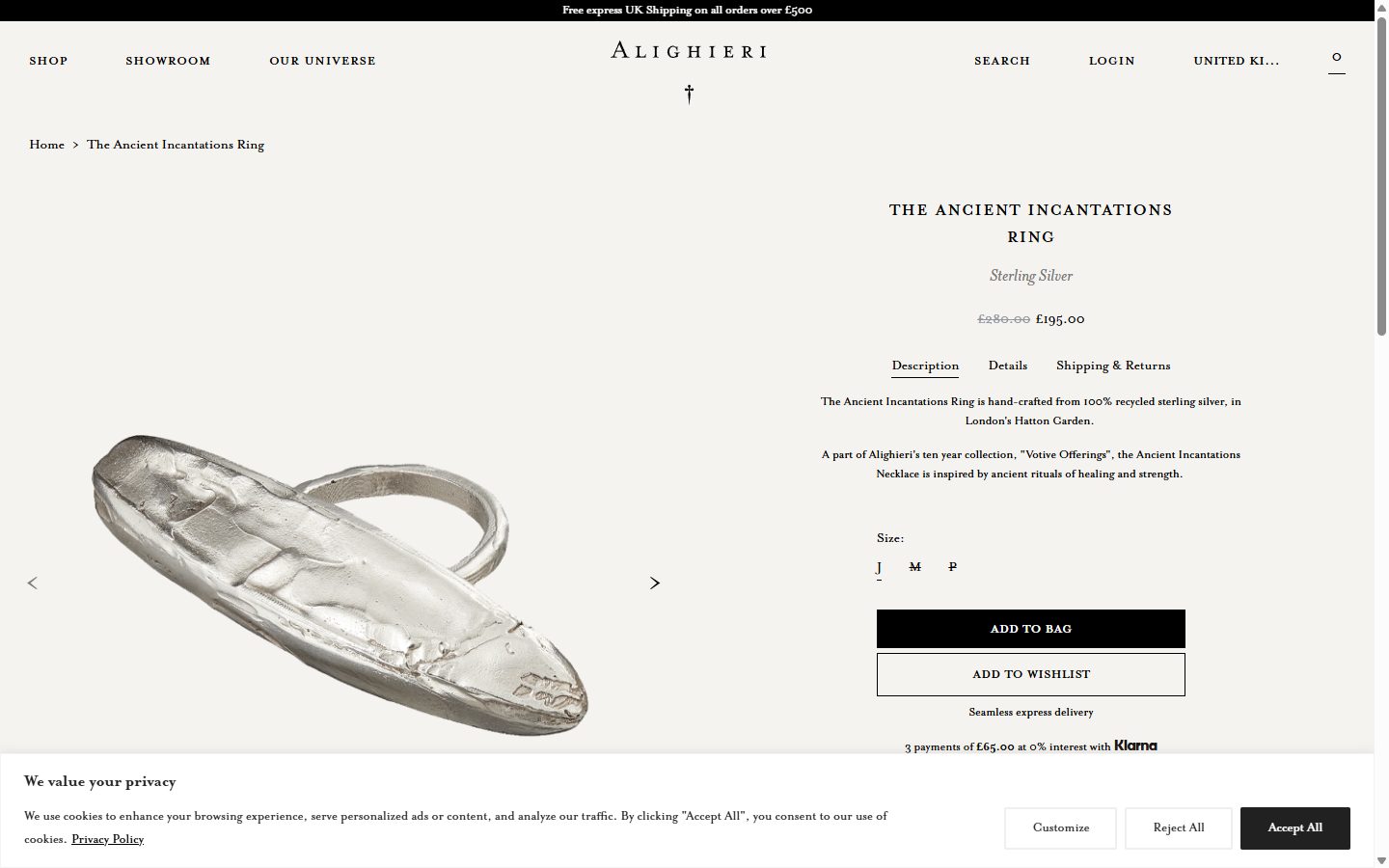 Alighieri product page on desktop, Shopify luxury jewelry storefront captured at 1440 x 900