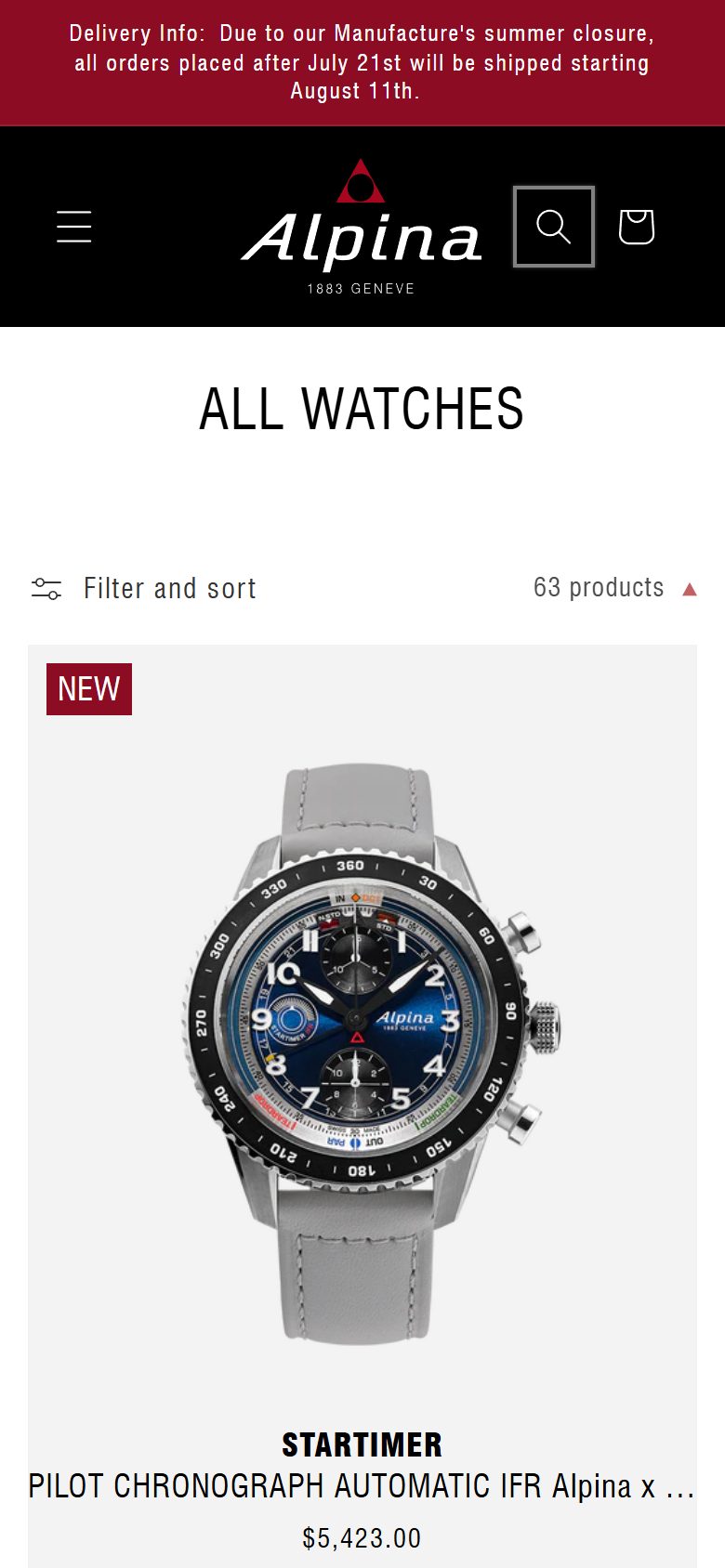 Alpina collection: all watches on mobile, Shopify luxury watches storefront captured at 390 x 844