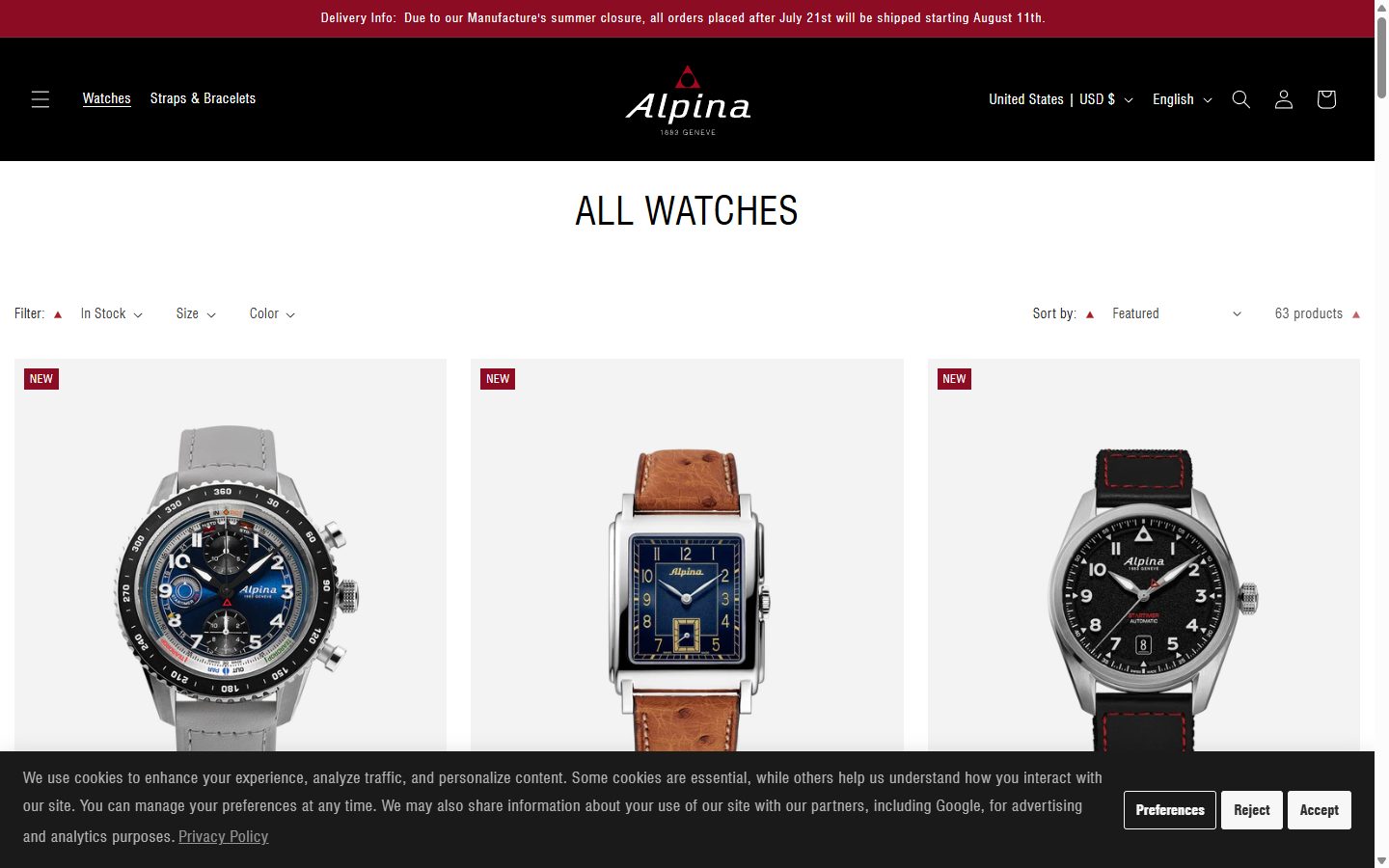 Alpina collection: all watches on desktop, Shopify luxury watches storefront captured at 1440 x 900