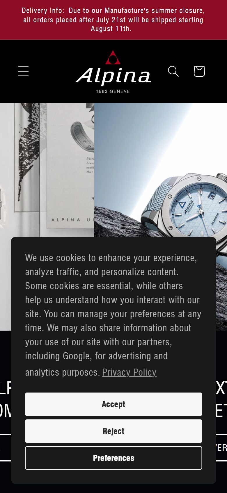 Alpina homepage on mobile, Shopify luxury watches storefront captured at 390 x 844