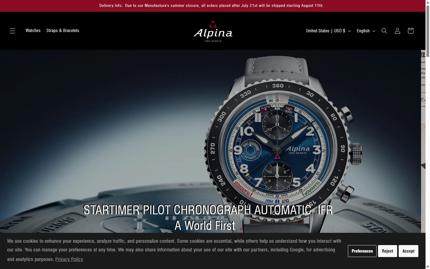 Alpina homepage on desktop, Shopify luxury watches storefront captured at 1440 x 900