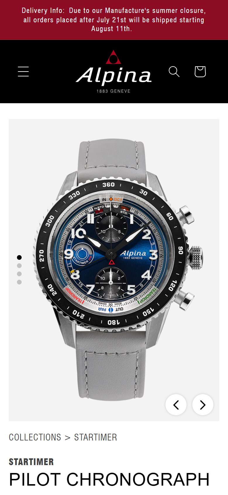 Alpina product page on mobile, Shopify luxury watches storefront captured at 390 x 844
