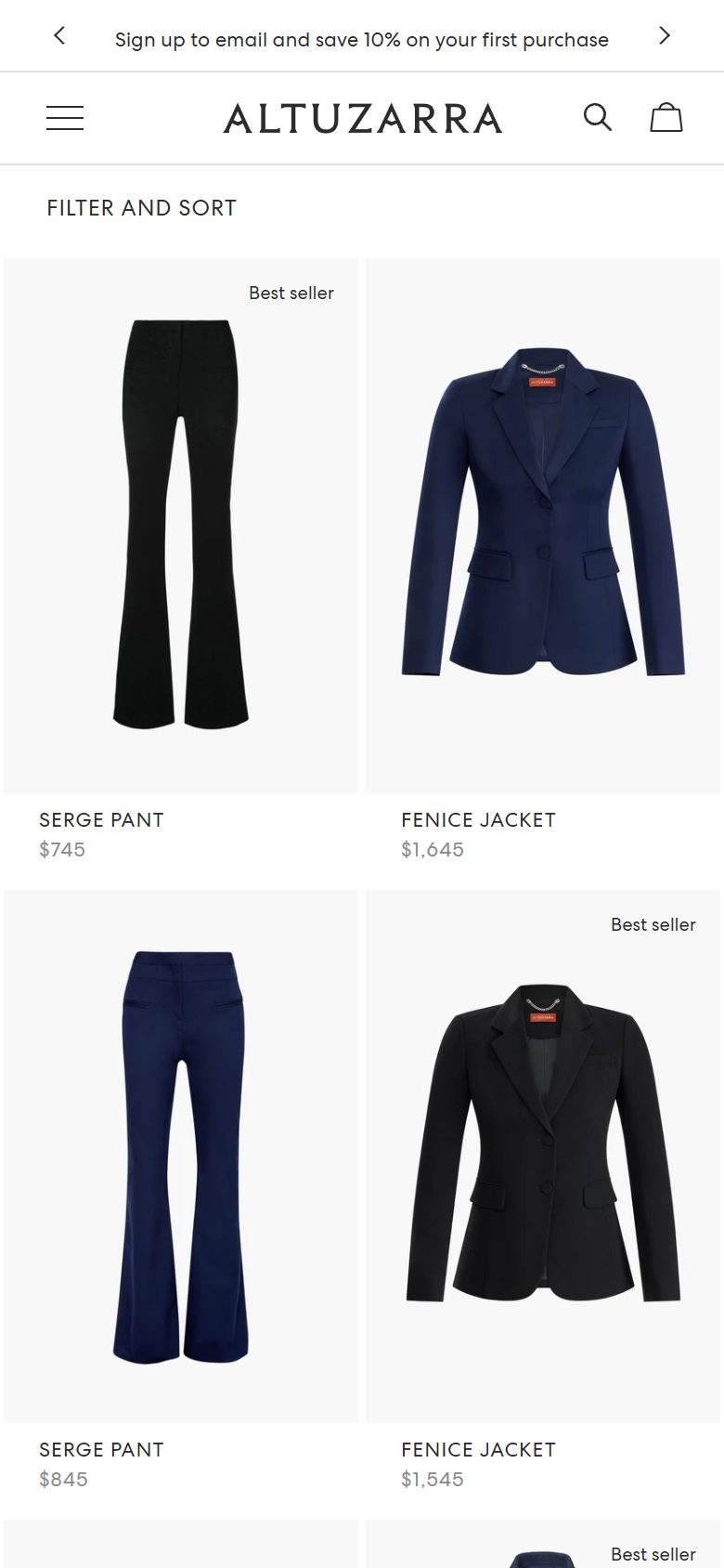 Altuzarra collection: all full price products on mobile, Shopify luxury fashion storefront captured at 390 x 844