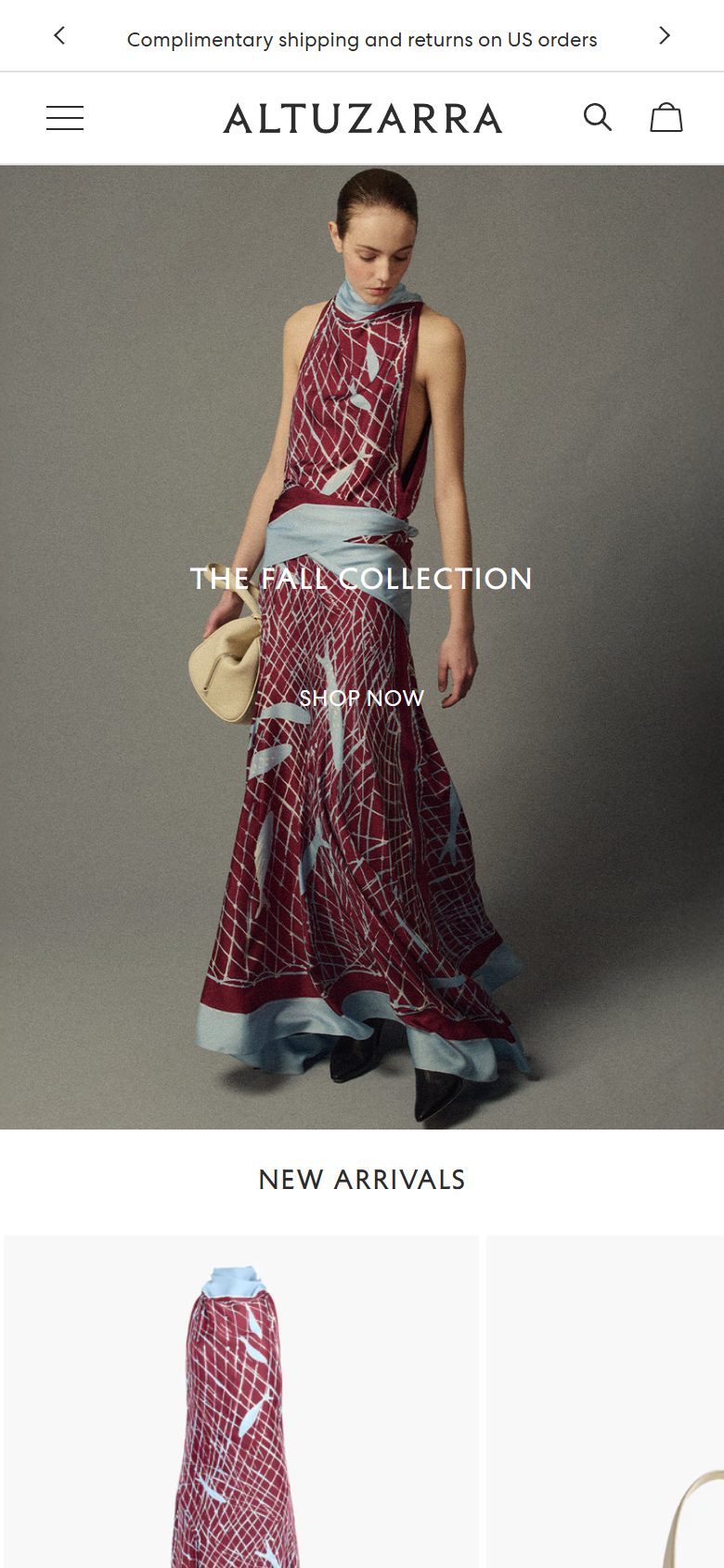 Altuzarra homepage on mobile, Shopify luxury fashion storefront captured at 390 x 844