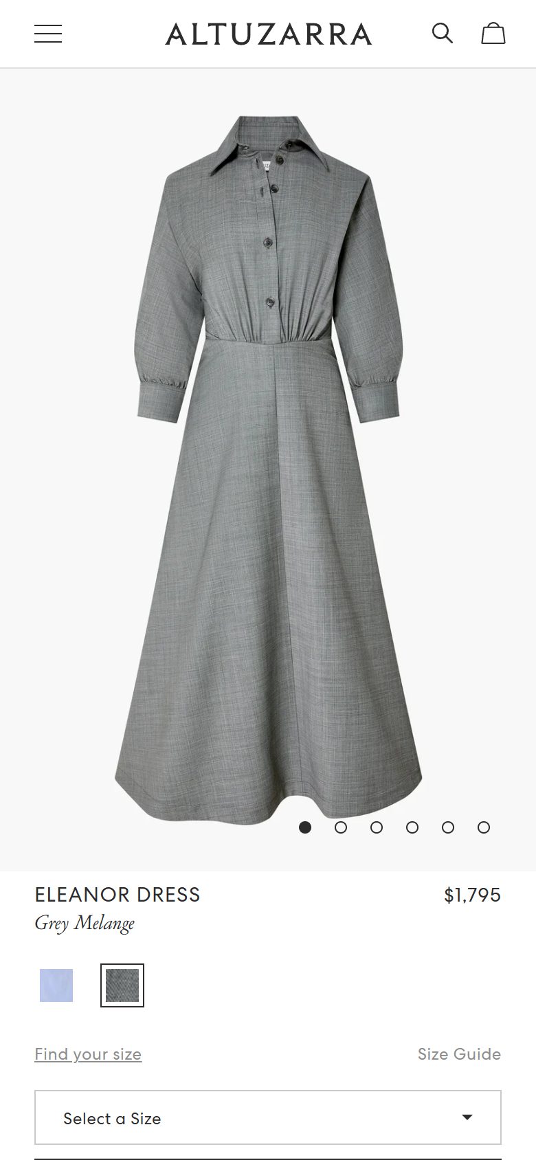 Altuzarra product page on mobile, Shopify luxury fashion storefront captured at 390 x 844
