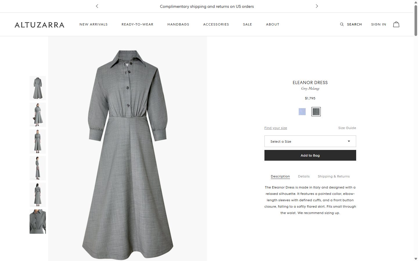 Altuzarra product page on desktop, Shopify luxury fashion storefront captured at 1440 x 900