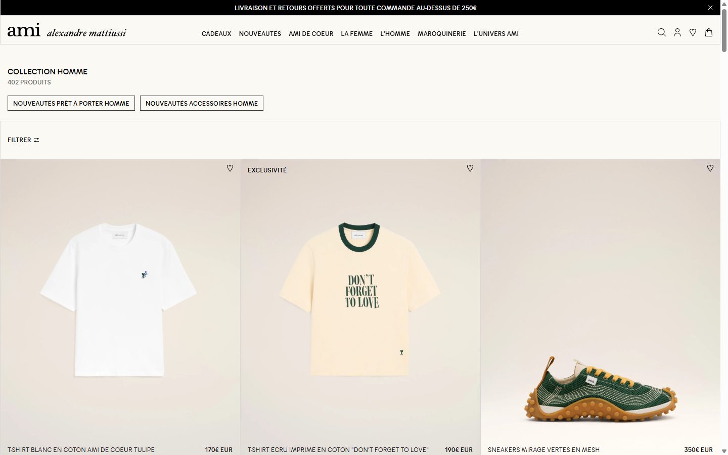 Ami Paris collection: collection homme on desktop, not disclosed luxury fashion storefront captured at 1440 x 900