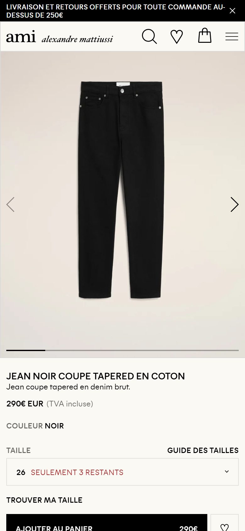 Ami Paris product page on mobile, not disclosed luxury fashion storefront captured at 390 x 844