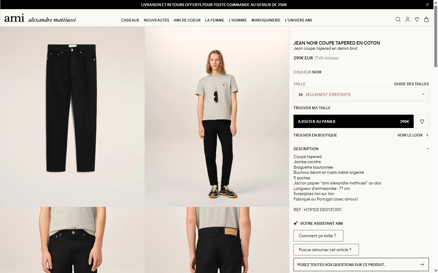 Ami Paris product page on desktop, not disclosed luxury fashion storefront captured at 1440 x 900