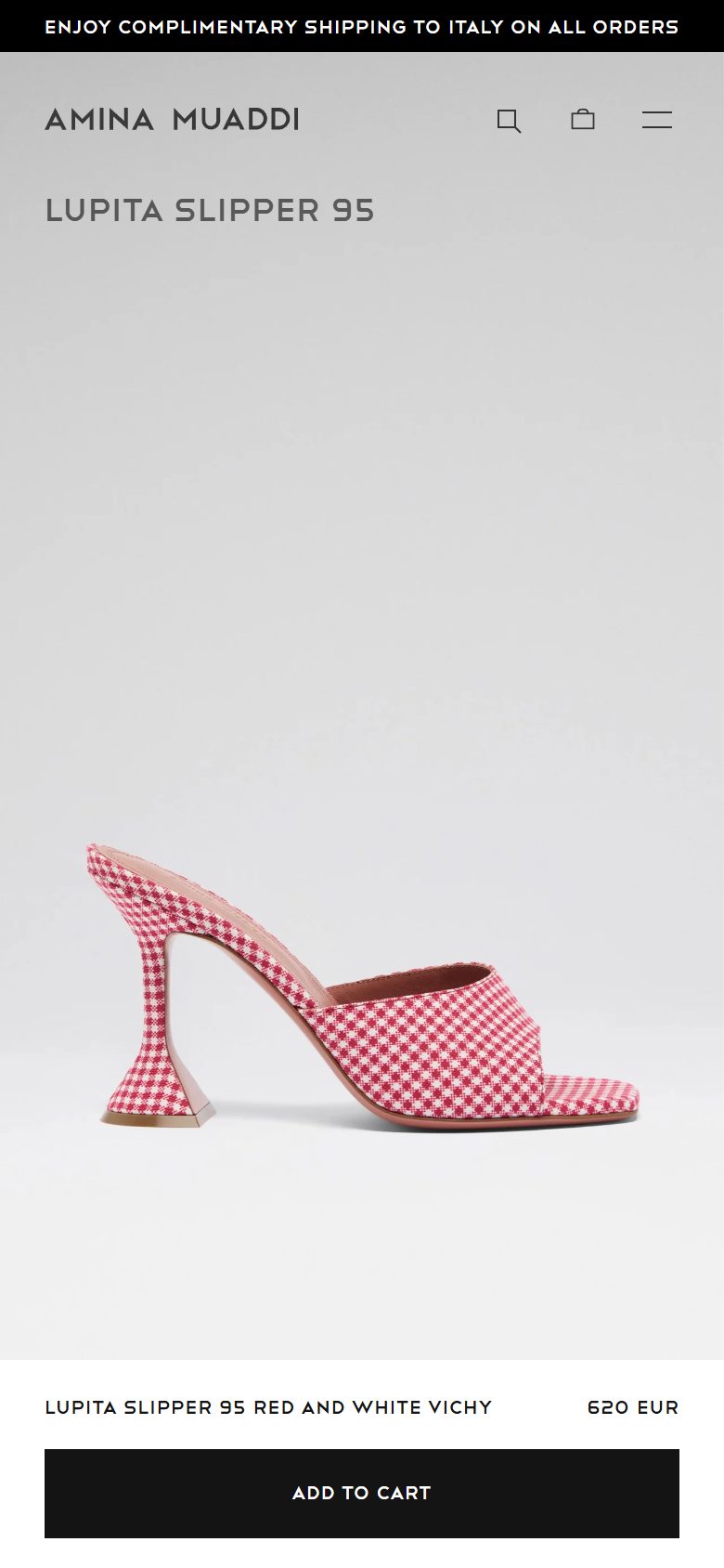 Amina Muaddi product page on mobile, Shopify luxury footwear storefront captured at 390 x 844