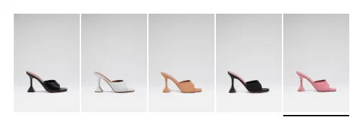 Amina Muaddi color selector photographed on its product page, 5 tall rectangle swatches