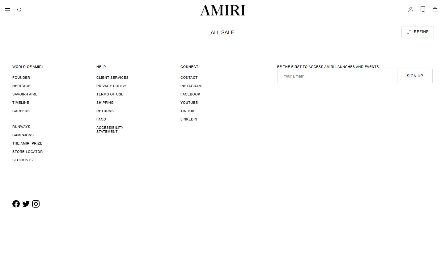 Amiri collection: all sale on desktop, Shopify luxury fashion storefront captured at 1440 x 900