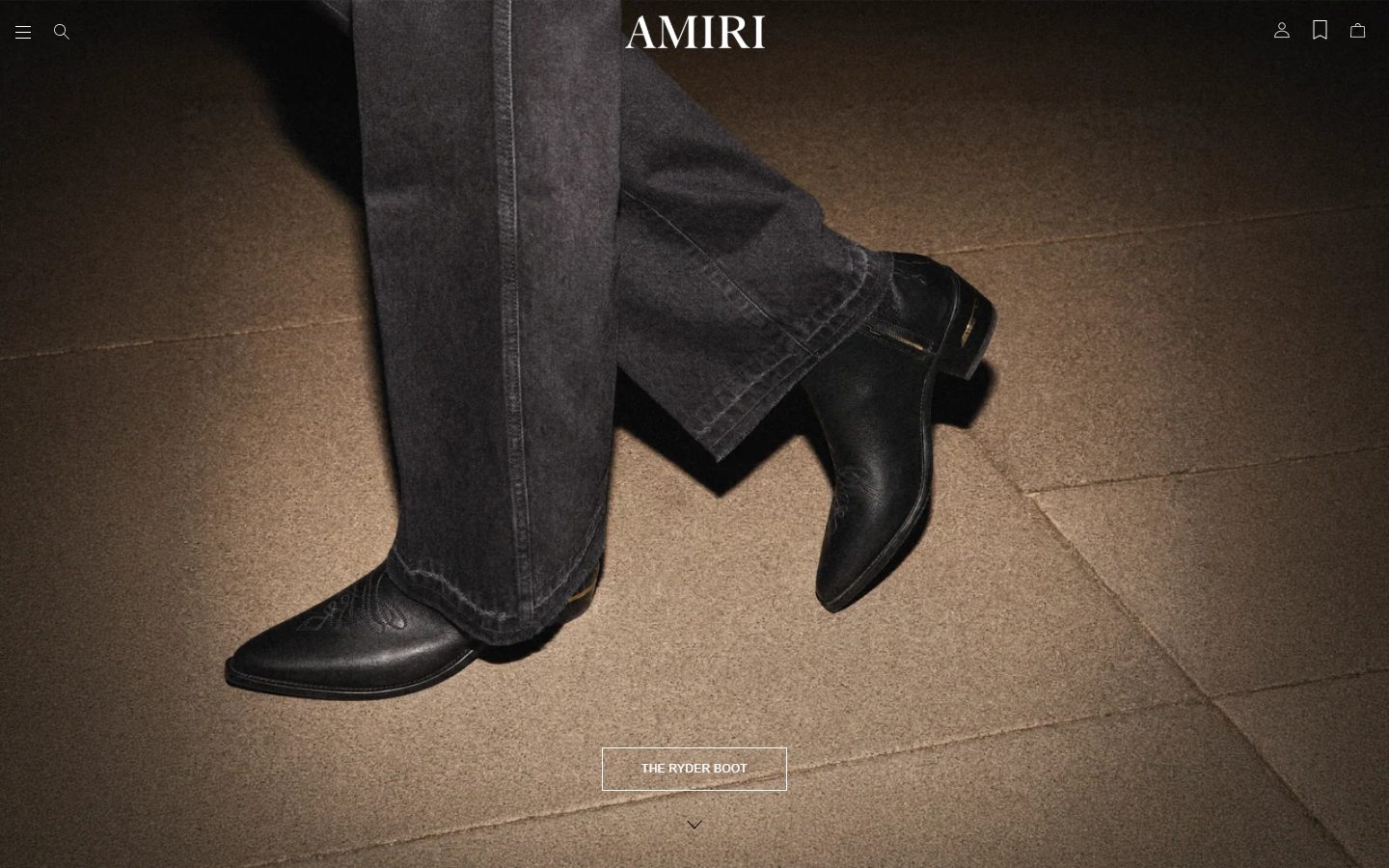 Amiri homepage on desktop, Shopify luxury fashion storefront captured at 1440 x 900