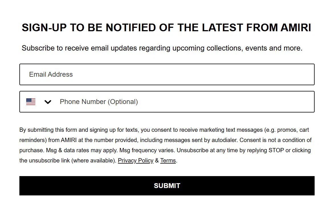 Amiri email sign up popup, centred centre