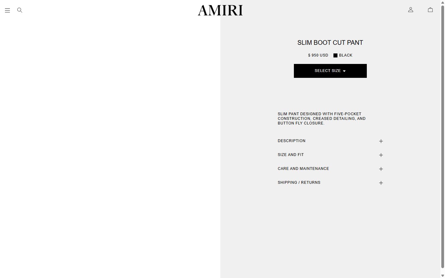 Amiri product page on desktop, Shopify luxury fashion storefront captured at 1440 x 900