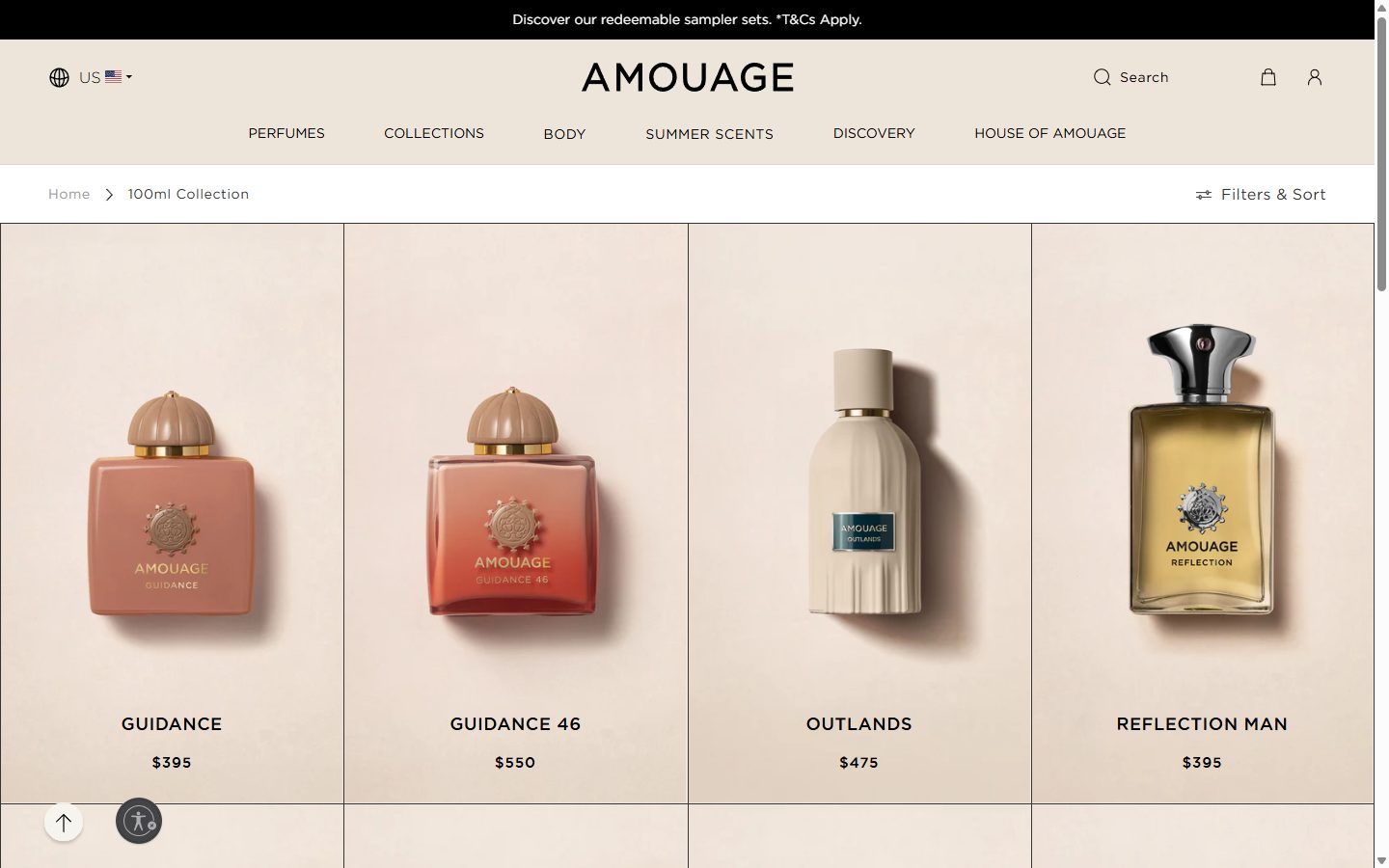 Amouage collection: 100ml collection on desktop, not disclosed luxury beauty storefront captured at 1440 x 900