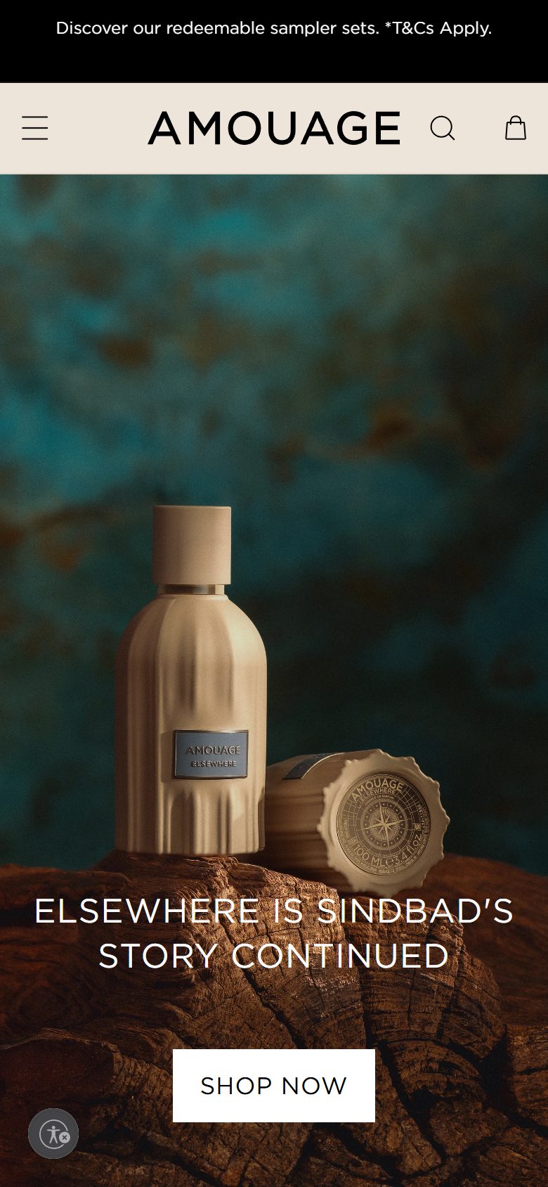 Amouage homepage on mobile, not disclosed luxury beauty storefront captured at 390 x 844