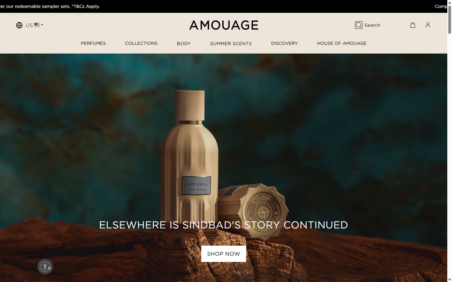 Amouage homepage on desktop, not disclosed luxury beauty storefront captured at 1440 x 900