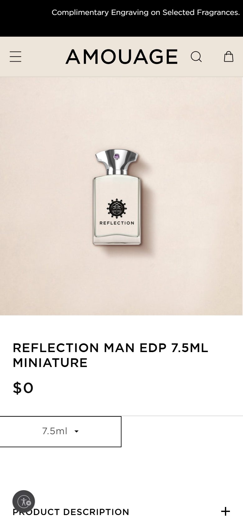 Amouage product page on mobile, not disclosed luxury beauty storefront captured at 390 x 844