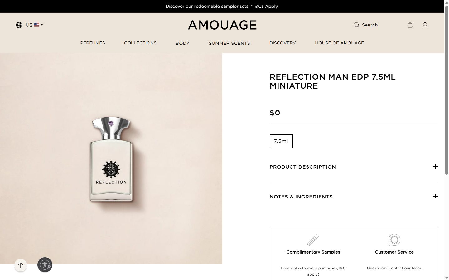 Amouage product page on desktop, not disclosed luxury beauty storefront captured at 1440 x 900