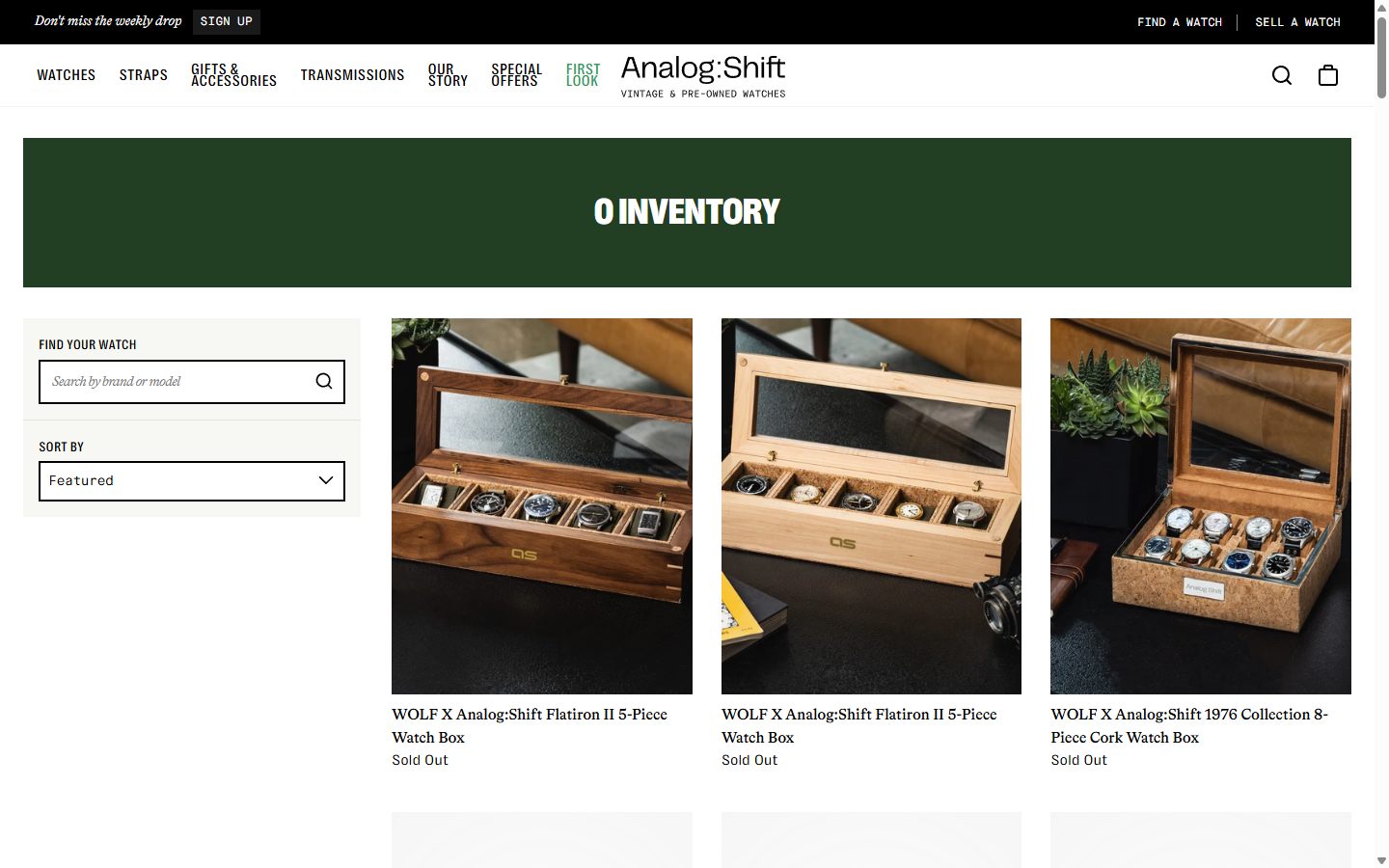 Analog Shift collection: 0 inventory on desktop, Shopify luxury retail storefront captured at 1440 x 900