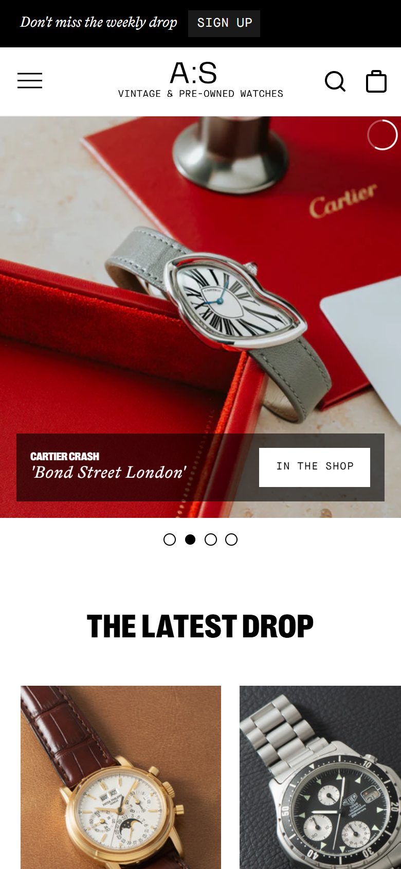 Analog Shift homepage on mobile, Shopify luxury retail storefront captured at 390 x 844
