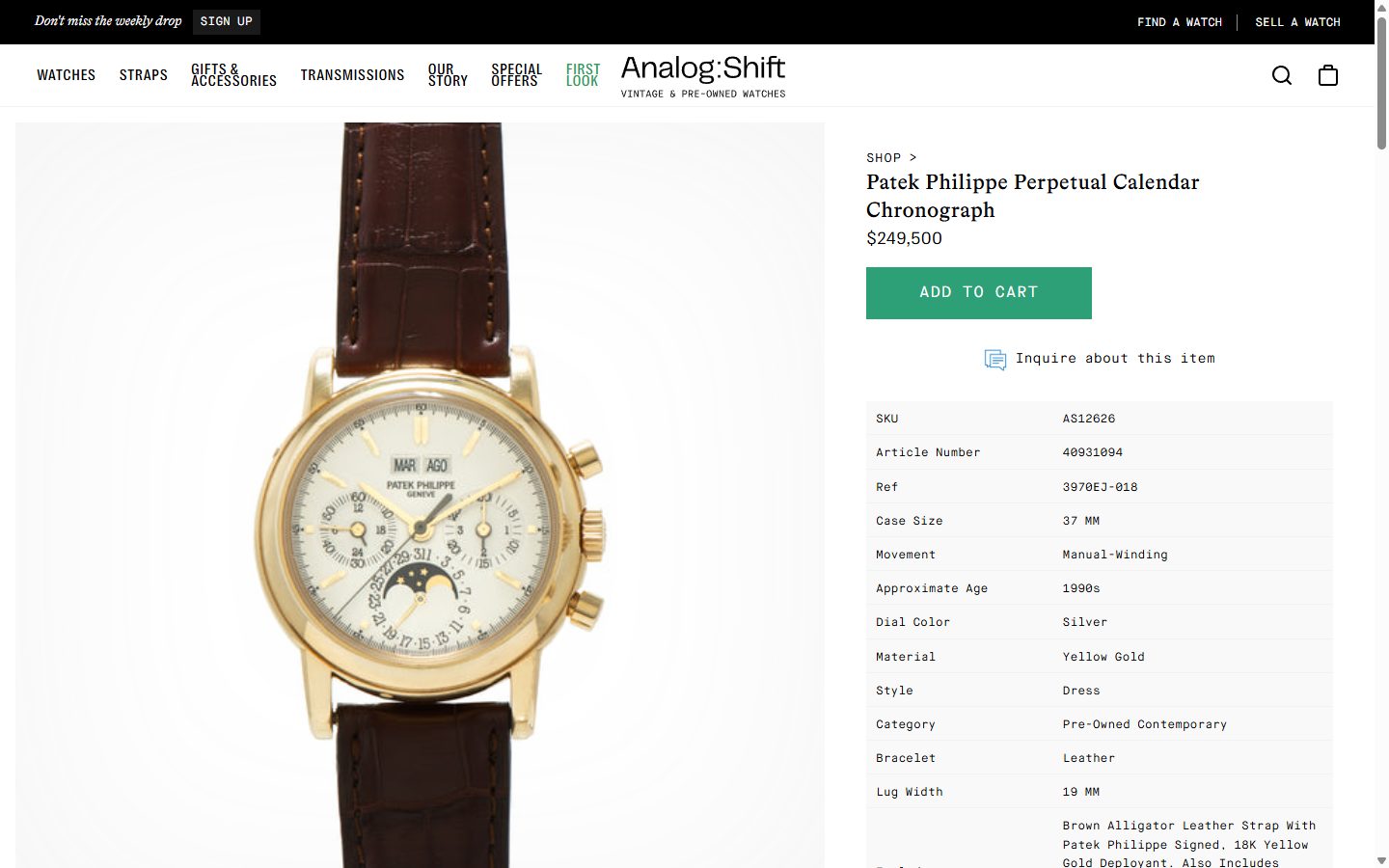 Analog Shift product page on desktop, Shopify luxury retail storefront captured at 1440 x 900