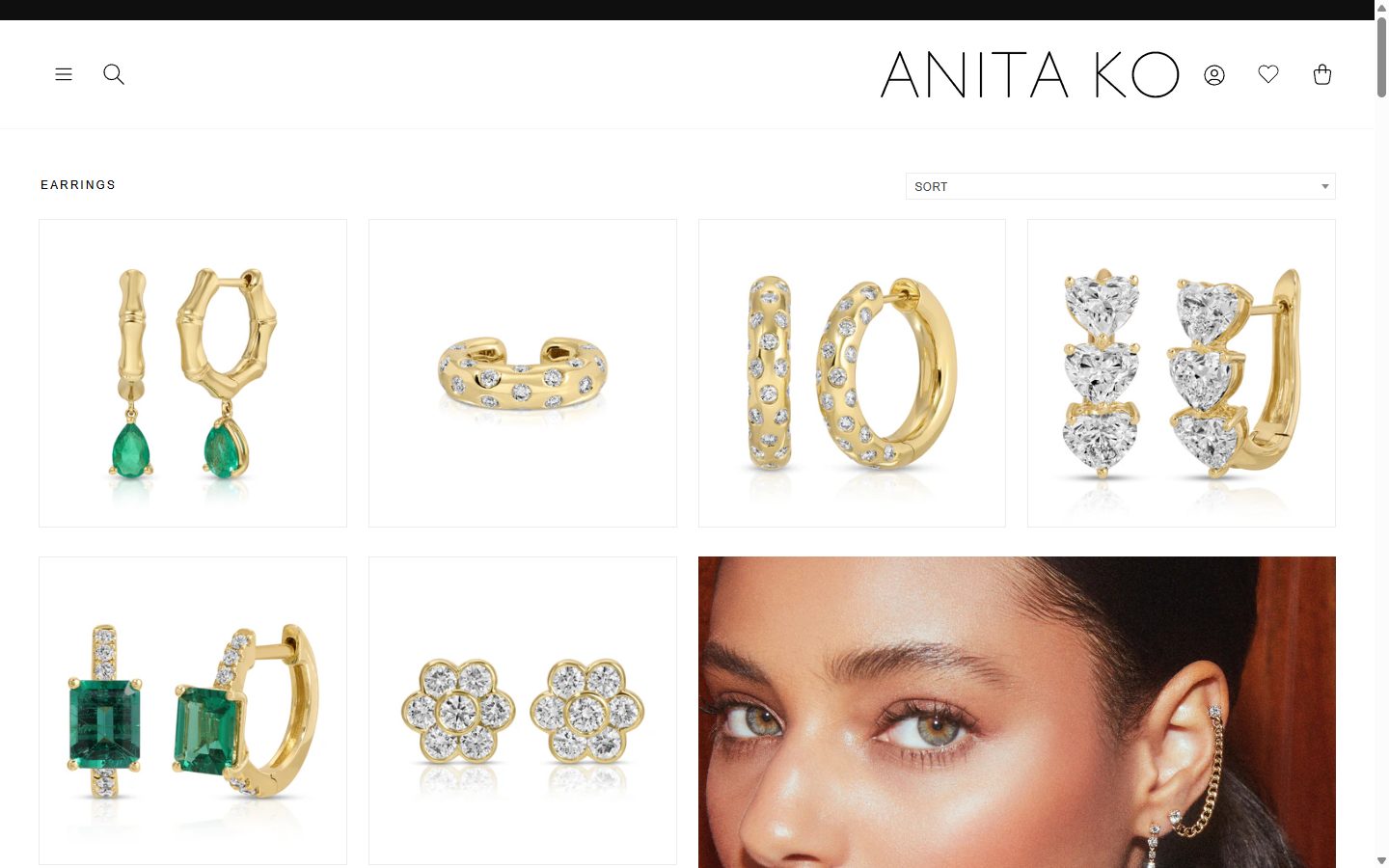 Anita Ko collection: earrings on desktop, Shopify luxury jewelry storefront captured at 1440 x 900