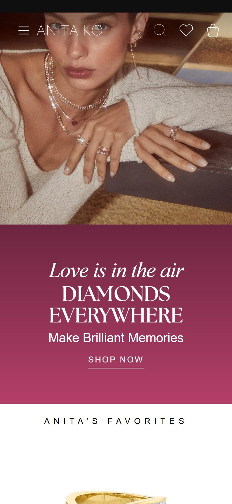 Anita Ko homepage on mobile, Shopify luxury jewelry storefront captured at 390 x 844