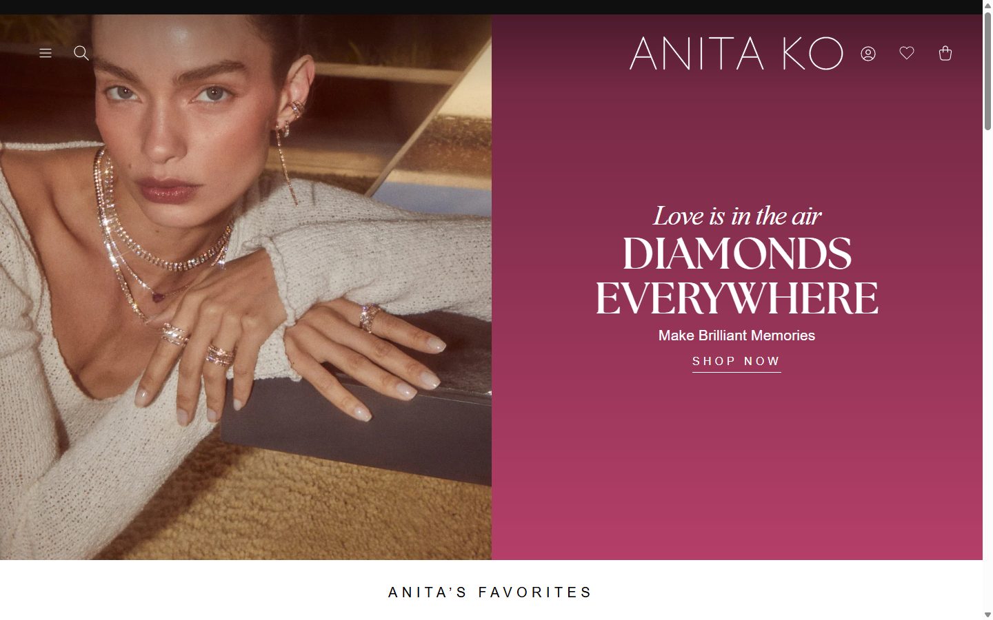 Anita Ko homepage on desktop, Shopify luxury jewelry storefront captured at 1440 x 900