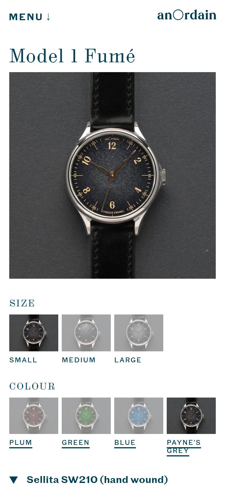 Anordain product page on mobile, Shopify luxury watches storefront captured at 390 x 844