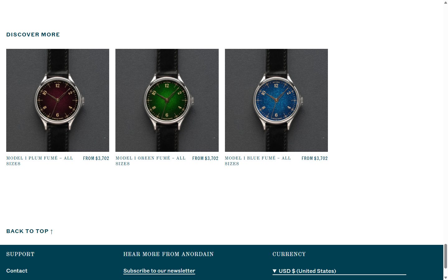 Anordain product page on desktop, Shopify luxury watches storefront captured at 1440 x 900